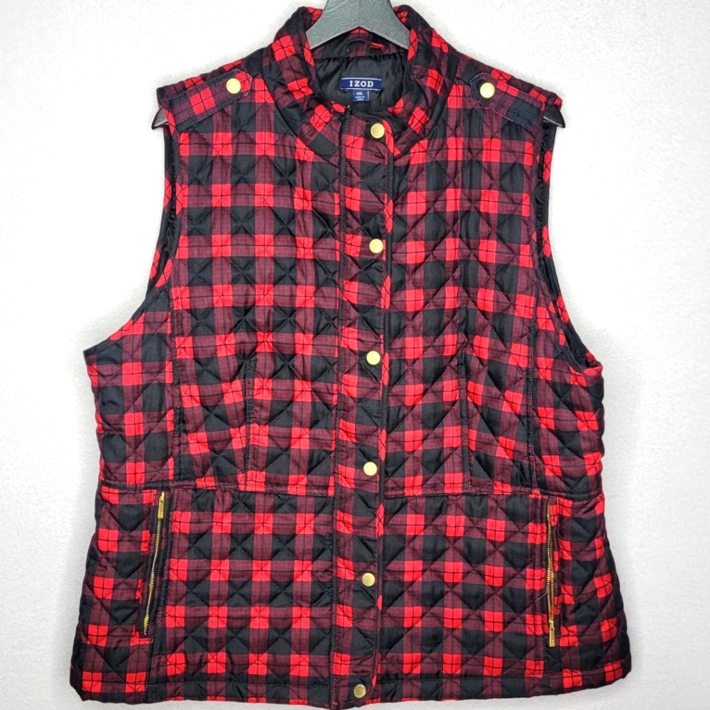 Women's‎ IZOD Red and Black Plaid Puffer Vest Size XXL #560
